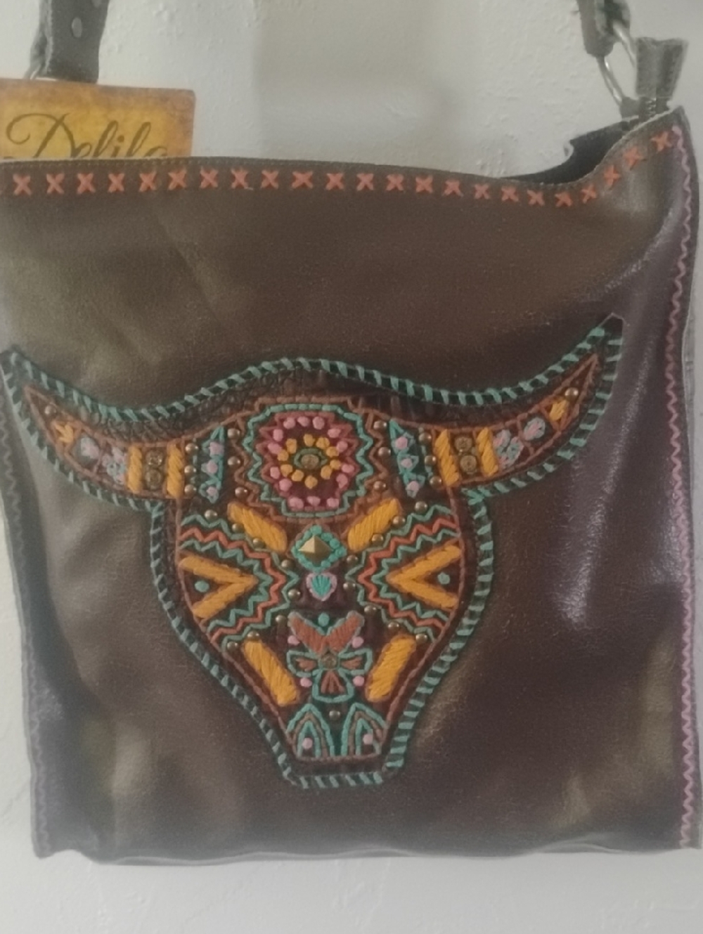 Montana West Delila Embroidered Brown Studded Beaded Bull Motif NWT Bag $188